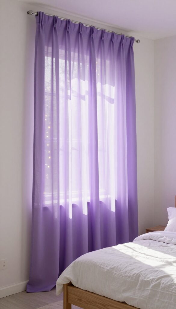 Girls bedroom with sheer purple curtains and fairy lights creating a dreamy atmosphere