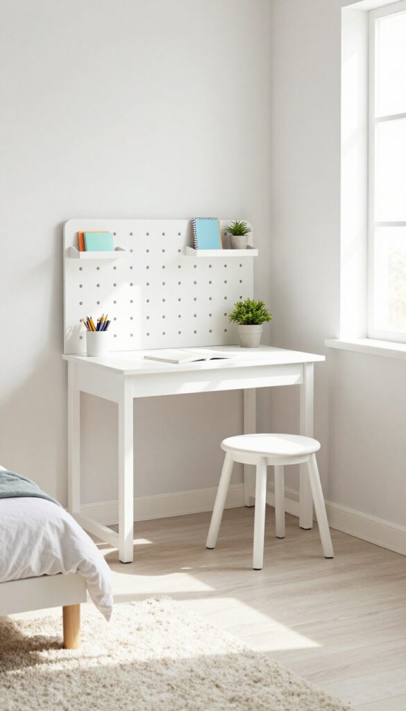 A teen bedroom featuring a wall-mounted fold-down desk folded flat against a white wall, with a backless stool tucked underneath and a pegboard with shelves above.