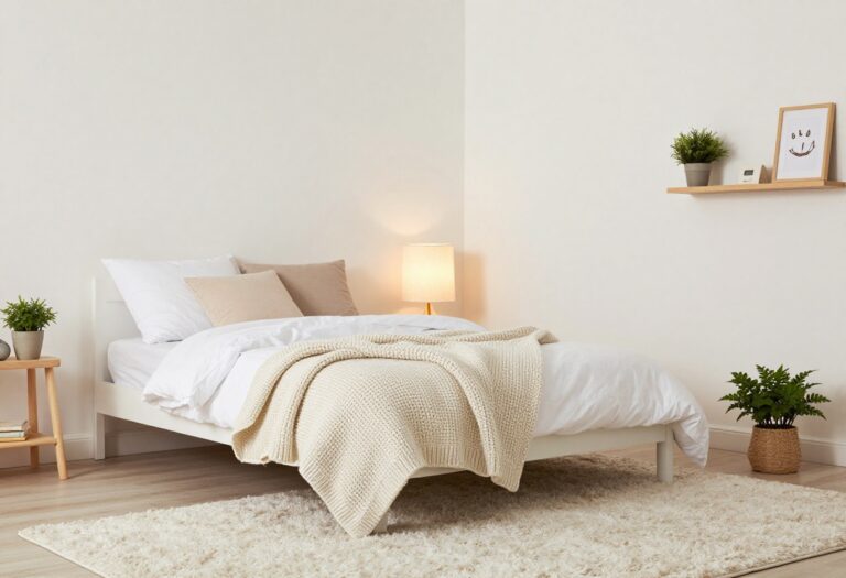 Cozy kids bedroom with chunky knit throw, soft lighting, and plush rug in warm neutral tones