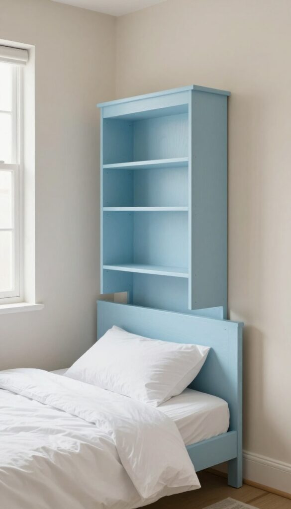 Small bedroom with a DIY pastel blue plywood headboard, white bedding, and natural light