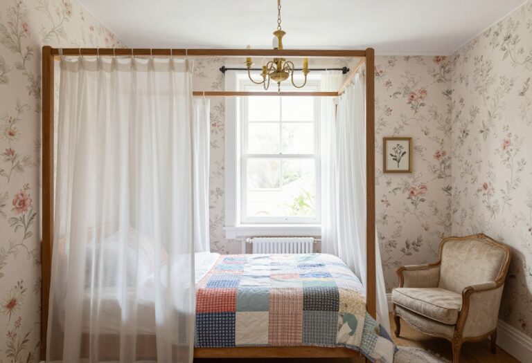 Cozy vintage girls bedroom with floral wallpaper, canopy bed, and brass chandelier
