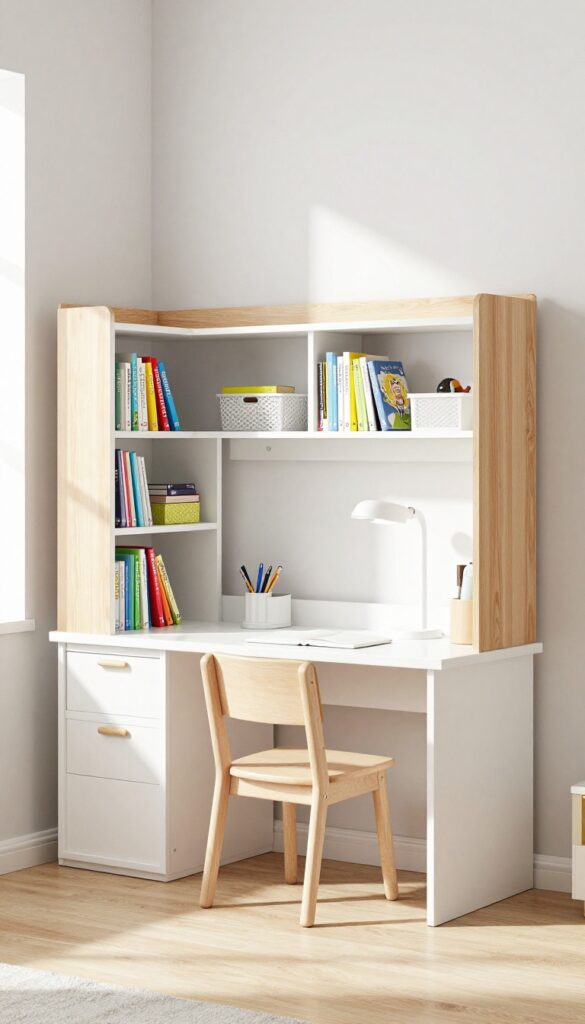 A low bookshelf topped with a wooden board serving as a desk in a bright kids' bedroom, with storage below and a lamp on top.