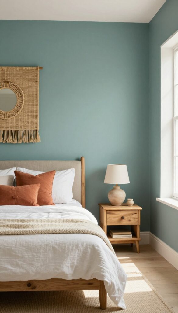 Cozy coastal bedroom with muted teal walls, terracotta pillows and lamp, woven wall hanging, rattan mirror, and natural wood accents.