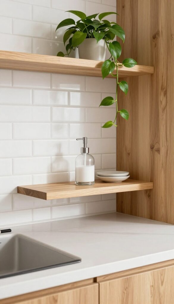 Single wooden open shelf above kitchen sink with soap dispenser, ceramic dish, and trailing plant, warm wood against white tile.