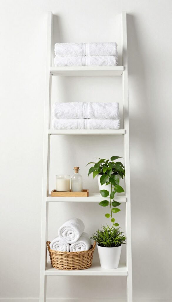 Guest bathroom with a leaning ladder shelf holding towels, a basket, toiletries, and a plant.