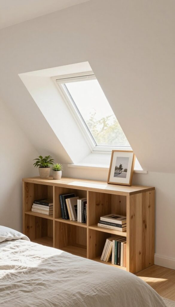 Low bookcase under eaves in attic bedroom with sloped ceiling and dormer window