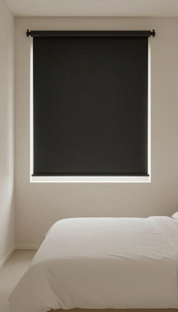 Small bedroom with blackout roller shades on window, neutral beige tone, minimalist layout, bright natural light