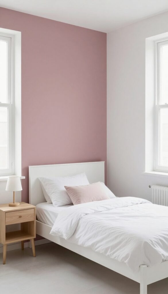 Small bedroom with dusty rose accent wall and white bedding, light wood nightstand, and white curtains.