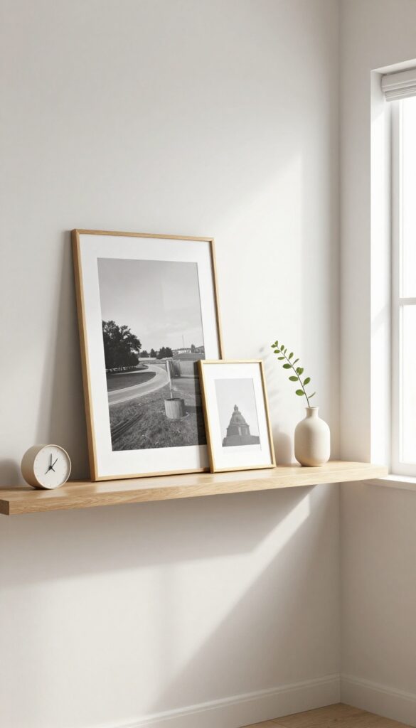 Picture ledge with layered art and objects in a bright living room