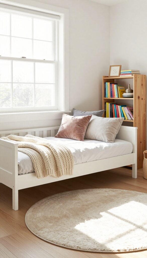 Cozy reading nook with daybed and trundle by a window, bookshelf and rug, bright natural light.