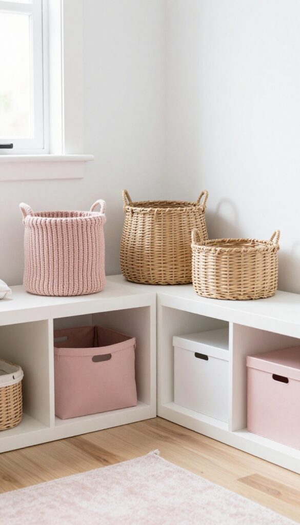Pink storage bins and baskets on a low shelf in a girl's bedroom