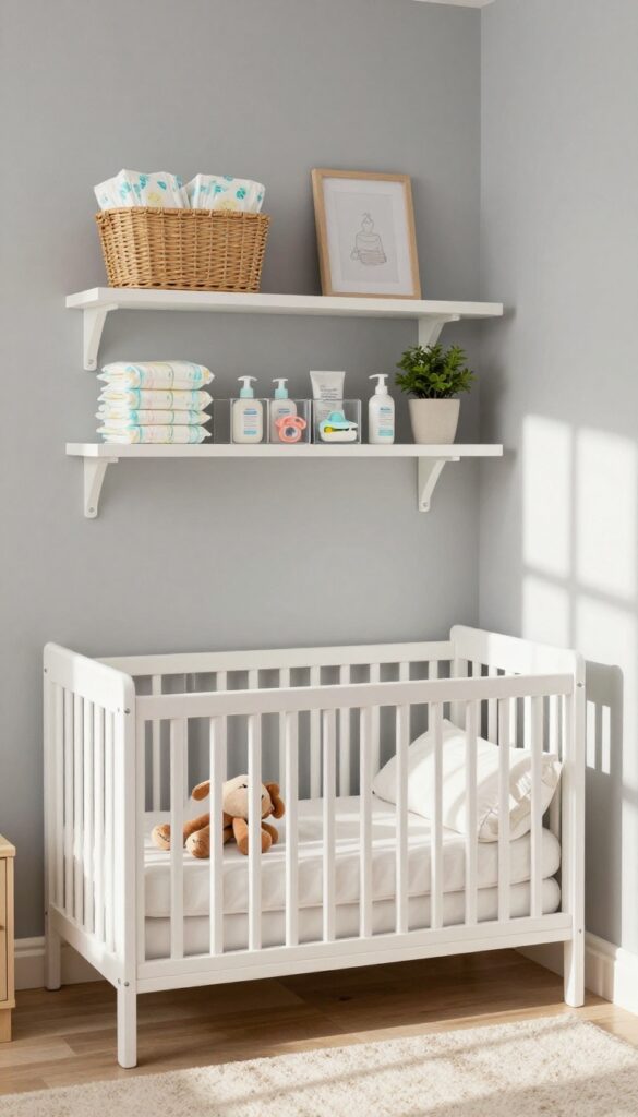 Baby boy nursery with open shelving above changing table, woven baskets and clear bins for diaper storage, natural light, cozy decor