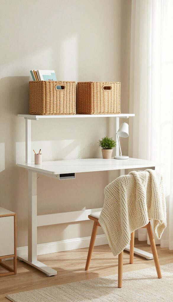 Teen girl's bedroom with a standing desk, woven storage bins underneath, and a chunky knit throw on the chair.