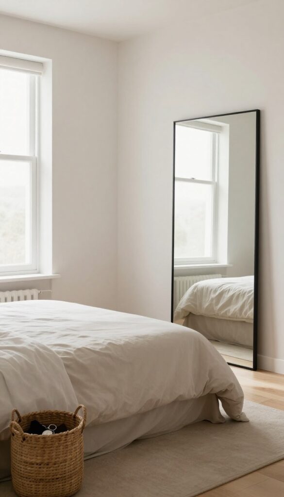 Full-length mirror leaned against wall in small men's bedroom with basket at base