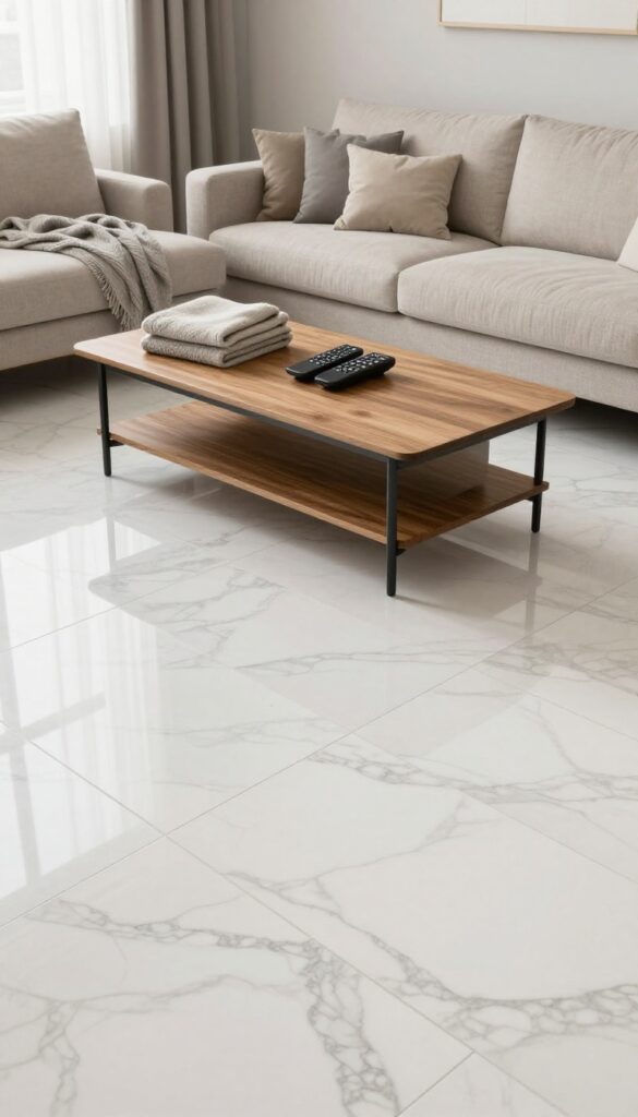 Living room with marble-look tiles and a storage coffee table