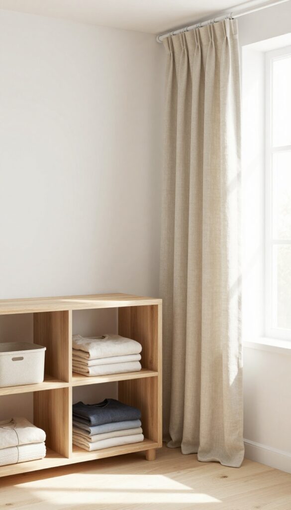 Corner shelving unit with a curtain in a small bedroom