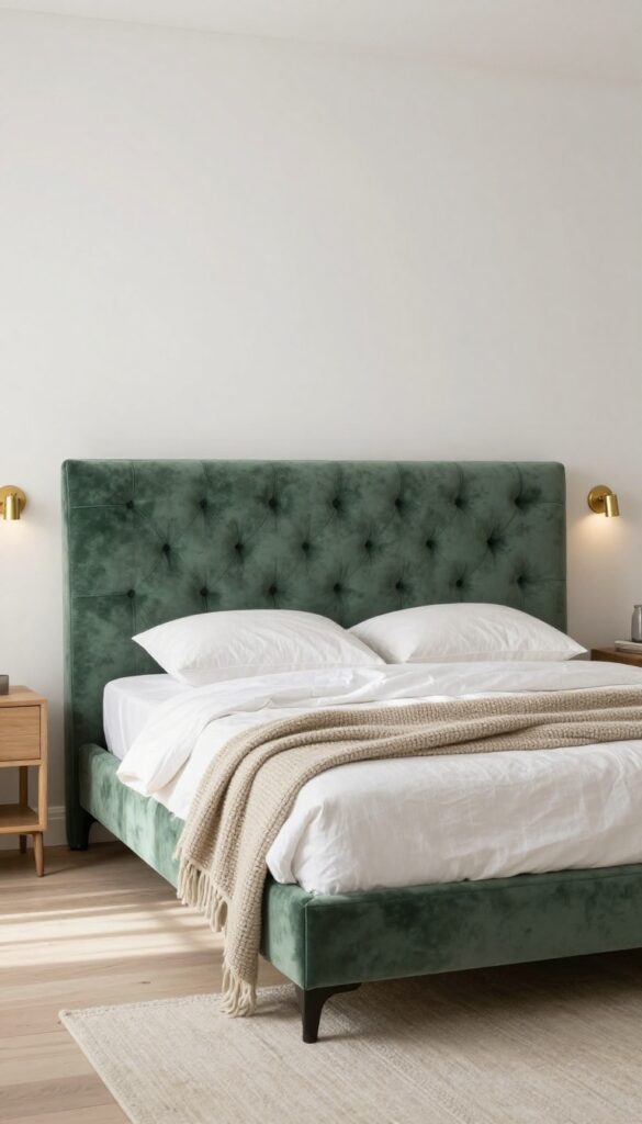 Tufted velvet sage green headboard with white pillows and knit throw, brass sconces, serene bedroom