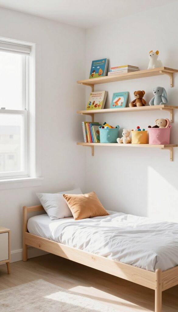 Wall-mounted bookshelves with toy bins in a bright kids' bedroom