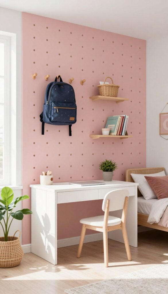 A children's bedroom featuring a dusty rose pegboard wall with baskets, hooks, and shelves above a desk, with natural light and a tidy bed in the background.