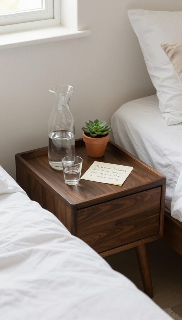 A dark wood tray on a light nightstand with water carafe, glass, succulent, and note in a bright guest bedroom
