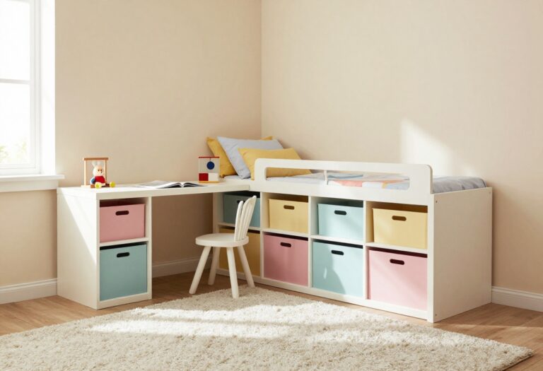 Cozy kid's bedroom with loft bed and storage