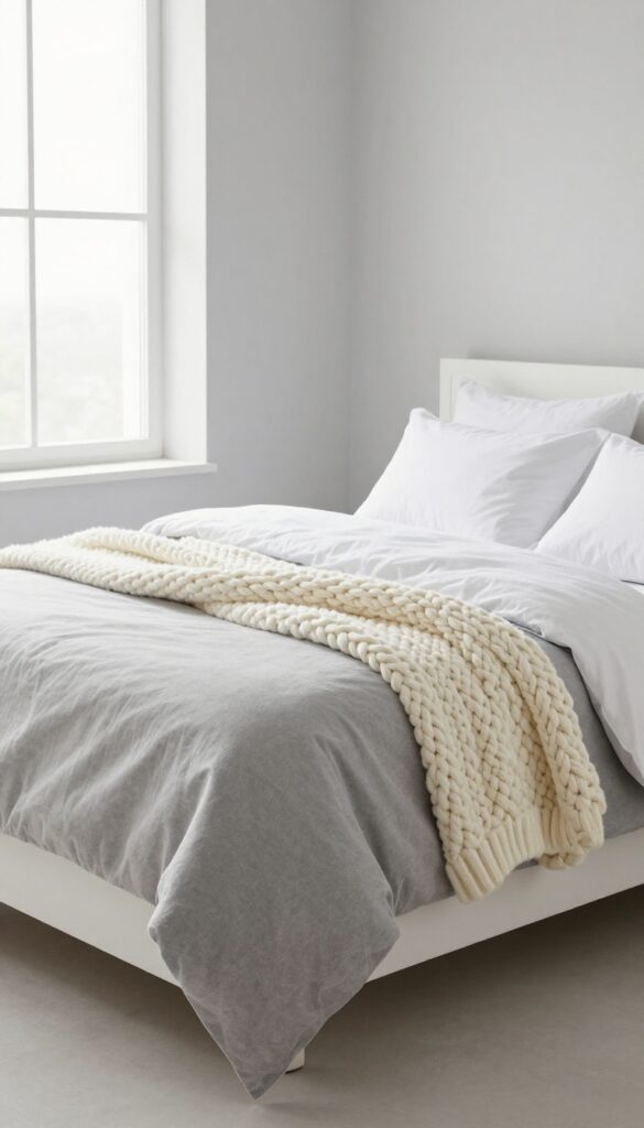 Cozy grey and white bedroom with chunky knit throw and faux-fur blanket, bright natural light, modern twist.