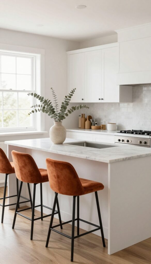 Bright kitchen with white cabinets and orange velvet bar stools at island