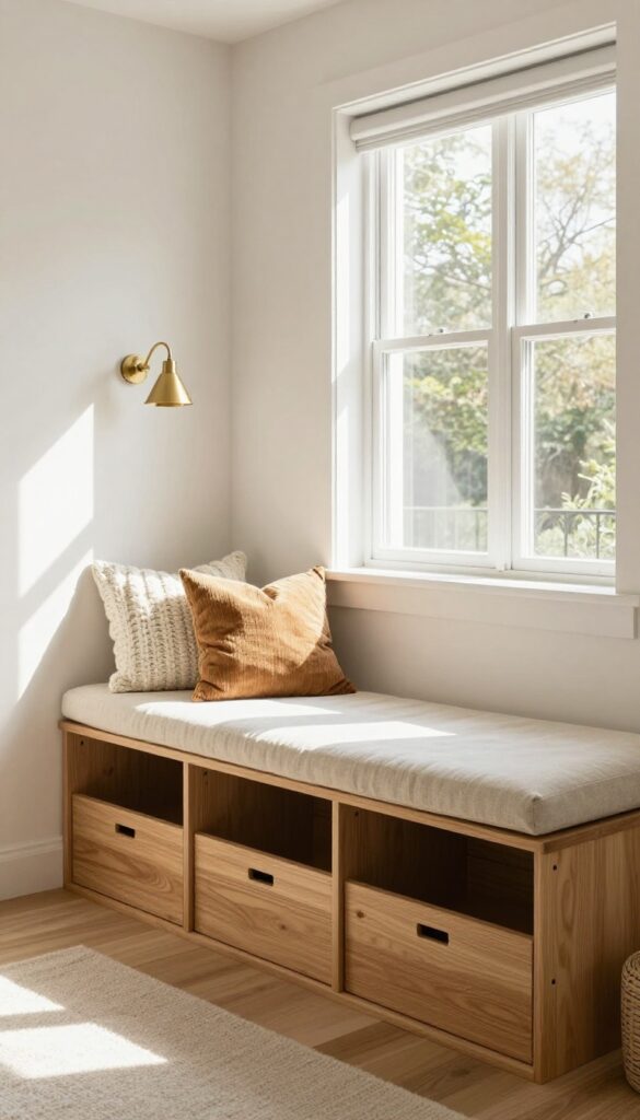 A cozy window seat with hidden storage cubes in a bright boys bedroom, featuring warm wood tones and soft cushions.