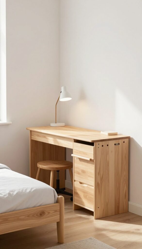 Under-bed pull-out desk in a small teen boy's bedroom with a rolling stool and task lamp.