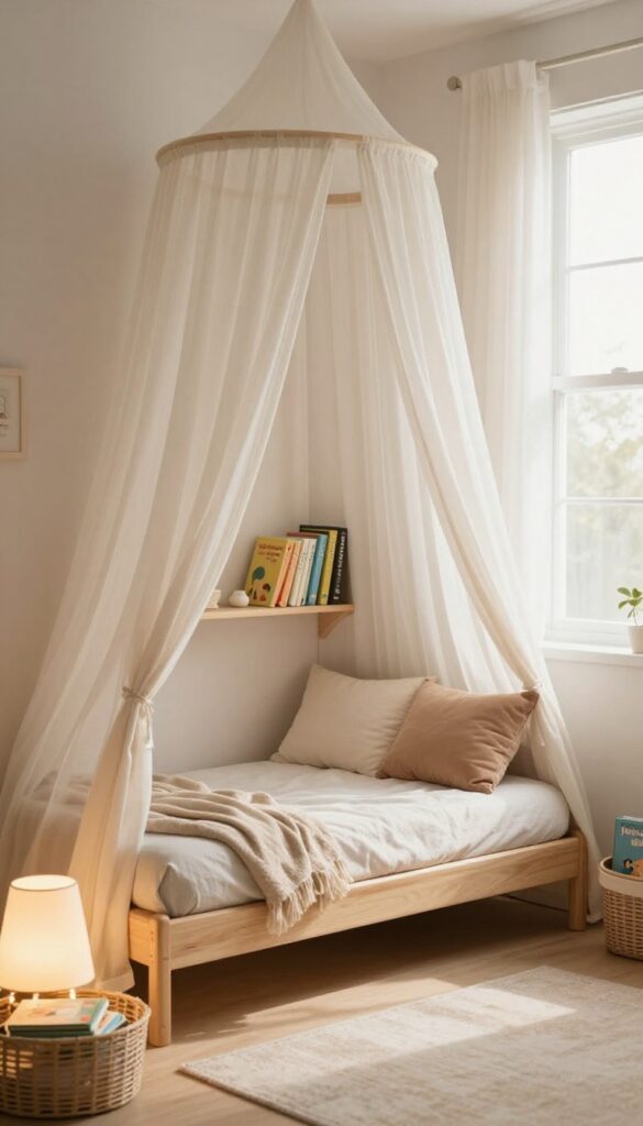 Cozy corner reading nook with floor cushions, low bookshelf, and sheer canopy in a small kids bedroom