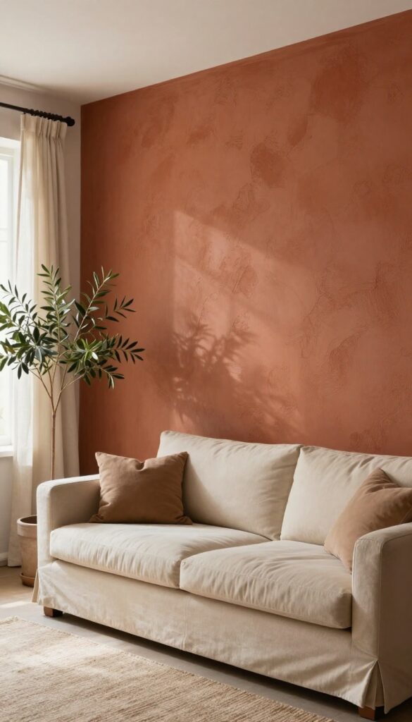 Living room accent wall with stucco texture, warm terracotta tones, natural light, jute rug, linen curtains, and olive plant.
