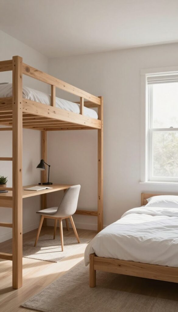 Two girls bedroom with loft bed and desk underneath, standard bed opposite, bright natural light.