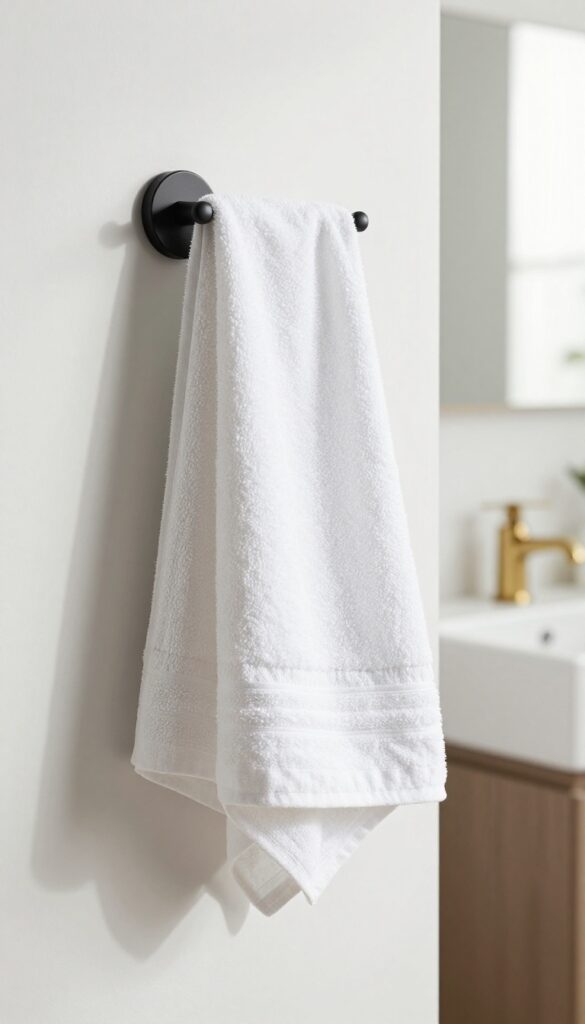 A folded white hand towel hanging neatly on a matte black ring hook in a bright, modern guest bathroom.