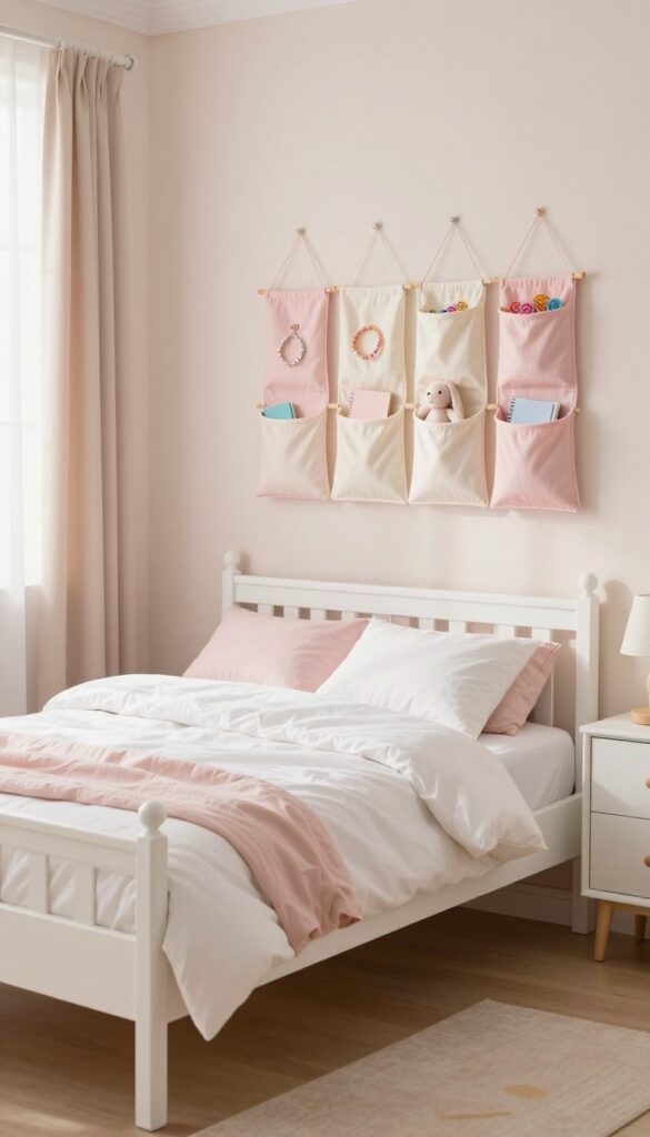 Girl's bedroom with hanging fabric wall pockets holding small treasures like jewelry and toys, soft pastel decor, natural light.