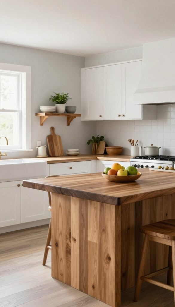 Warm wood tones in a large kitchen with white cabinets, walnut island, oak stools, and natural light