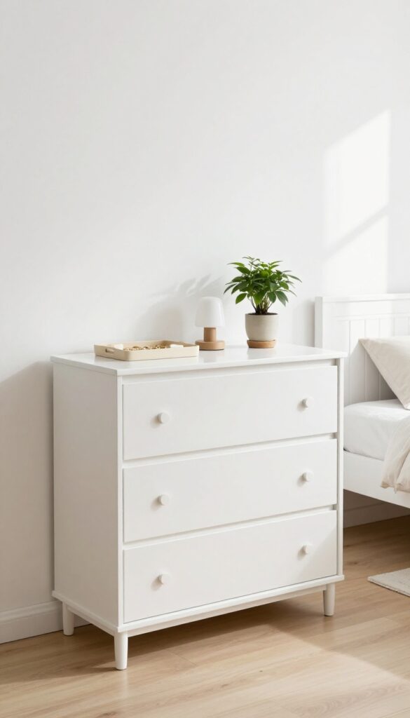White dresser with cane accents in a minimal chic bedroom