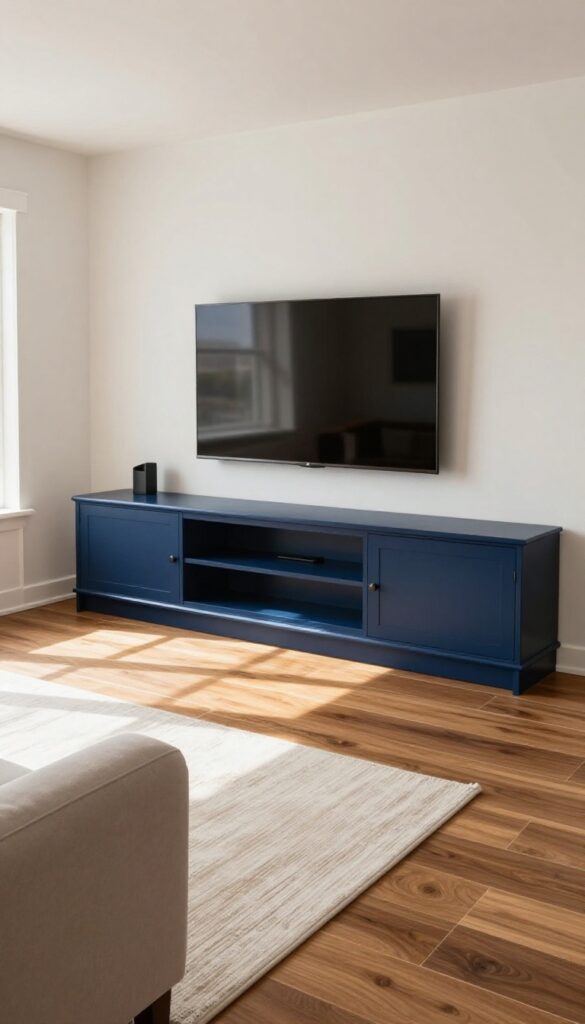 Living room with wood-look tile floor and built-in media console