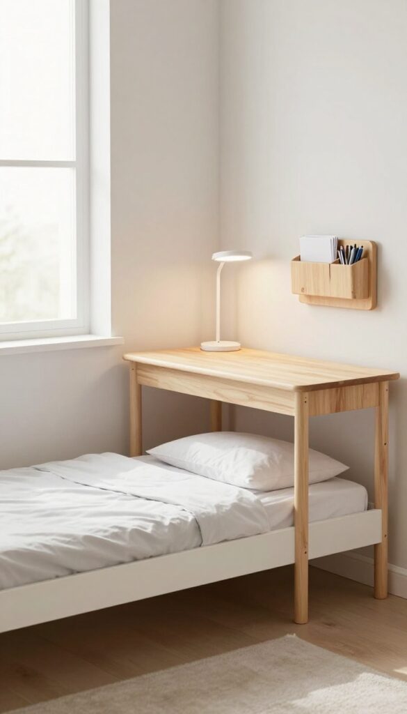 Under-bed desk nook in a child's bedroom with a slim desk, clip-on lamp, and wall caddy, bathed in natural light.