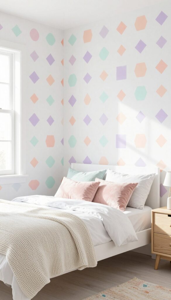 Girl's bedroom with geometric pastel wallpaper in mint, peach, and lavender on white, featuring a white bed, light wood furniture, and soft natural light.