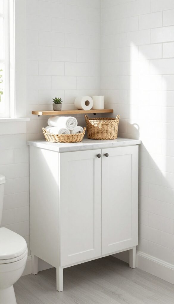 Floating shelves with woven baskets in a guest bathroom, holding towels and toiletries.
