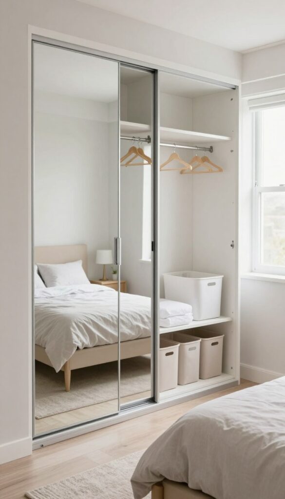 Small bedroom with mirrored sliding closet doors reflecting light and space, organized interior visible, bright natural lighting.