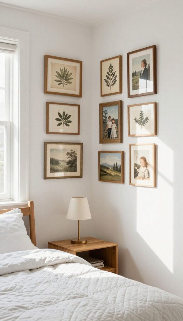 Vintage gallery wall in a girl's bedroom with botanical prints, old photos, and landscape paintings in mismatched wood frames, natural light, cozy bed.