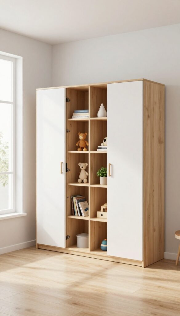 Modern boy's bedroom with modular wardrobe system featuring open cubbies and closed cabinets in light wood and white, bathed in natural light.