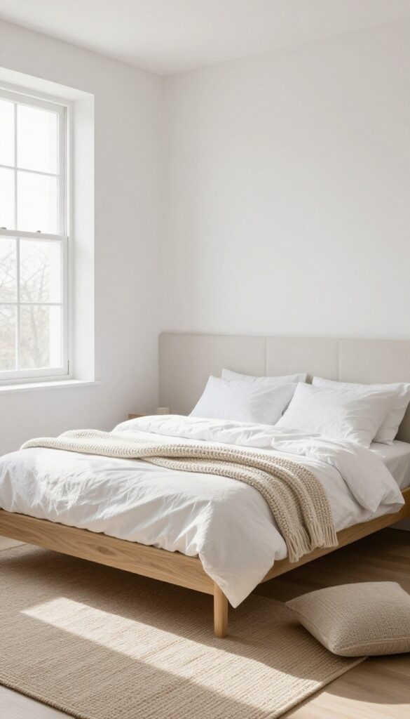 Small bedroom with low-profile bed frame, white bedding, and floor cushions, bright natural light, Scandinavian style