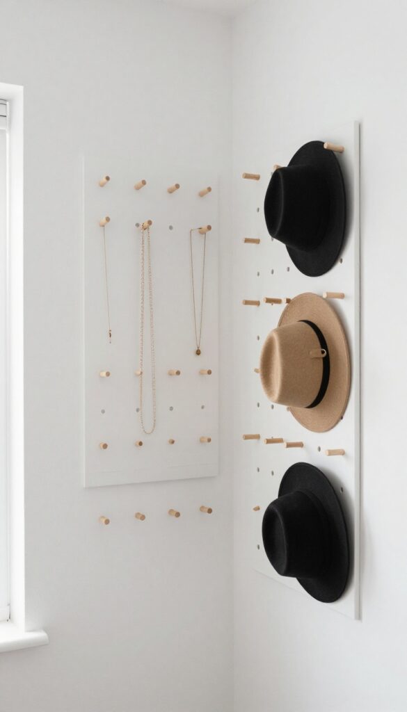 Aesthetic pegboard display holding jewelry and hats in a small bedroom