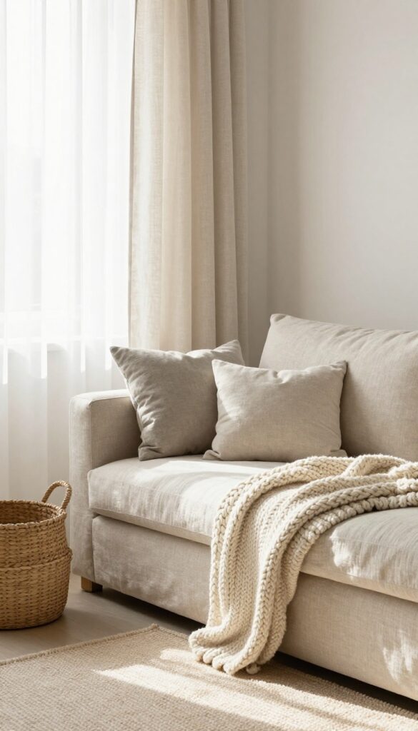 Cozy living room with layered natural textures including linen sofa, jute rug, knit throw, and woven basket.