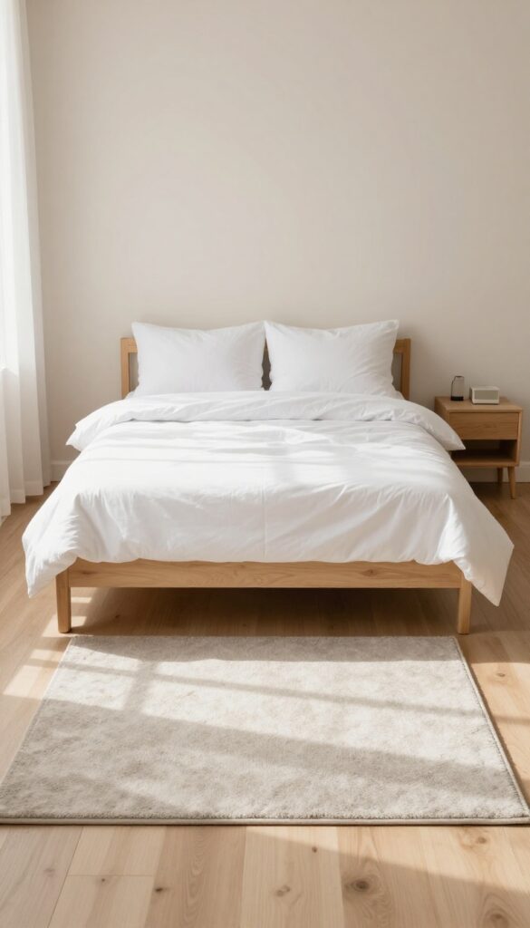 Small bedroom with a rug under the bed extending on both sides, anchoring the sleeping area with a cozy, grounded look.