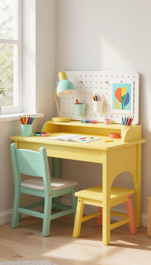 Multi-color desk with drawer organizers and pegboard in a bright kids bedroom