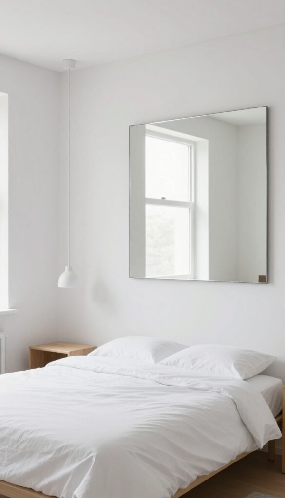 Small bedroom with mirrored wall panels reflecting natural light, creating depth and spaciousness.