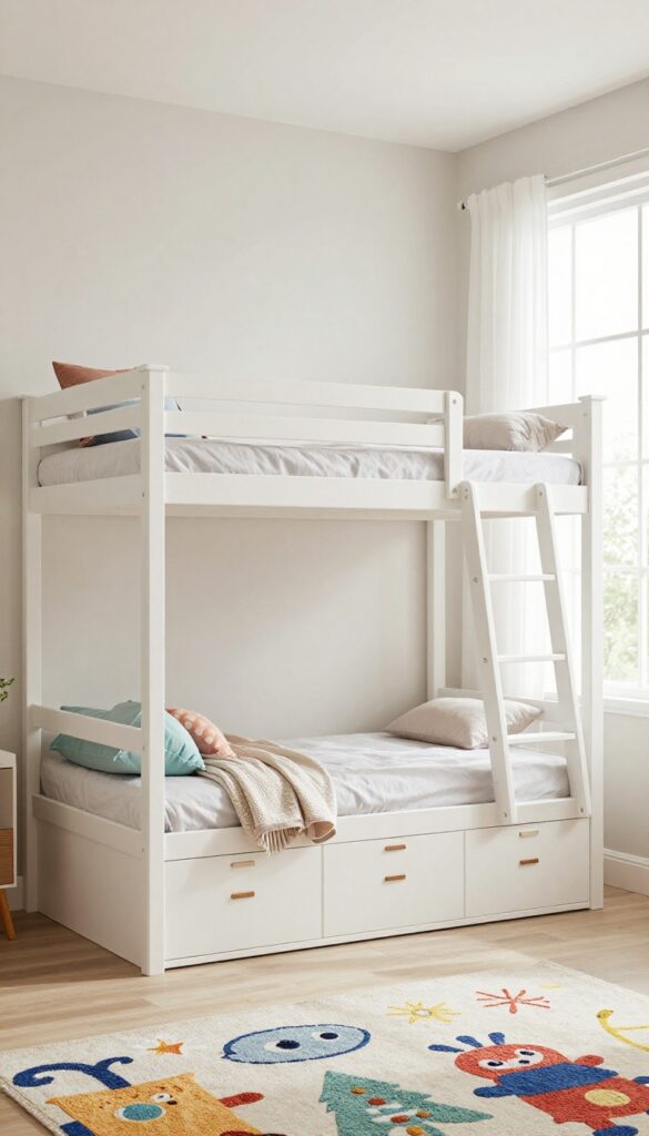 Custom built-in bunk beds with matching wardrobes in a bright, airy girls' bedroom